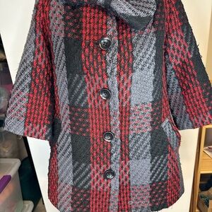 Nick & Mo Boutique Plaid Wool-Blend Coat | Red Gray Black Bow Collar | Size S